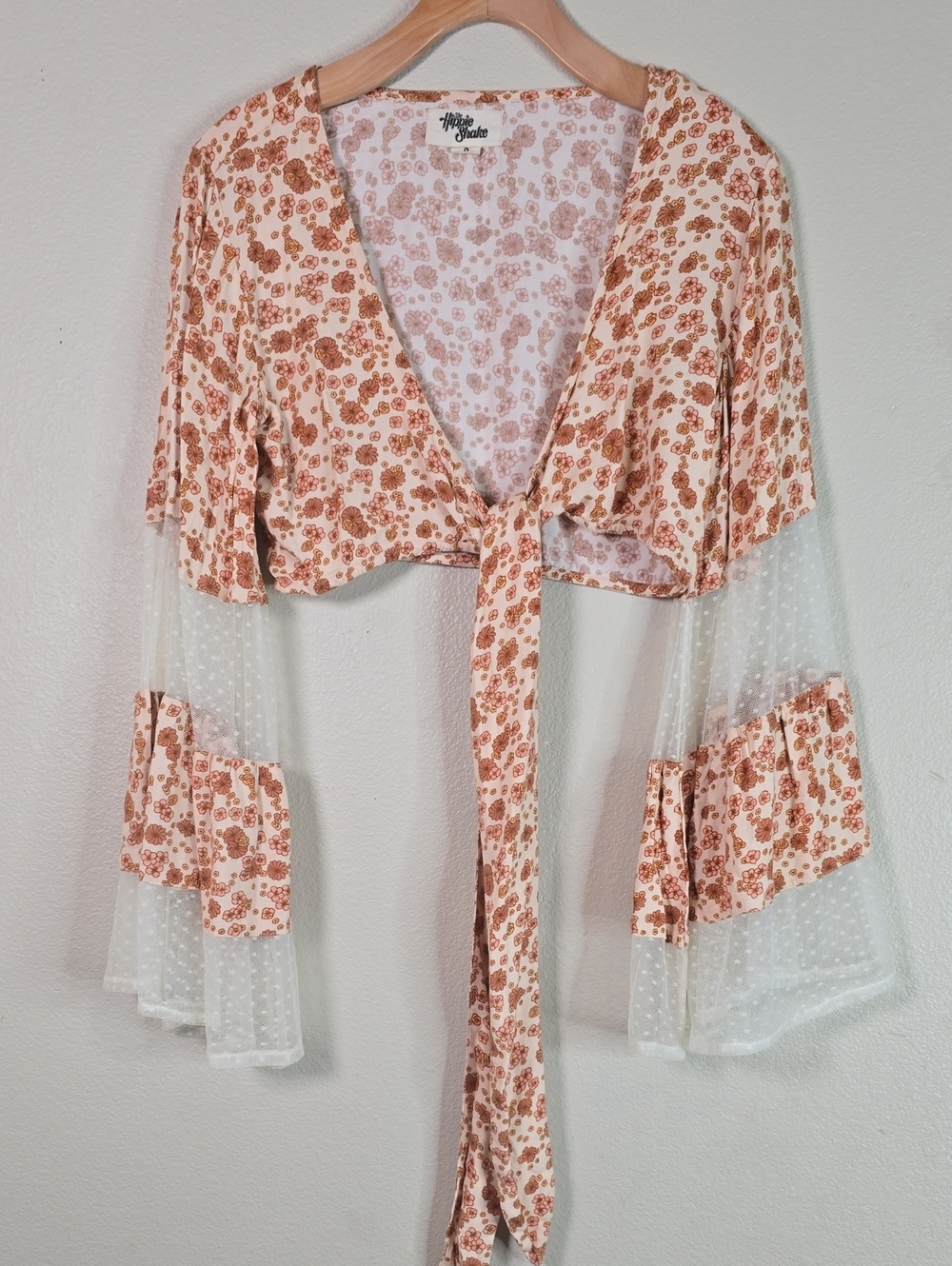 The Hippie Shake Rust Floral Tie-Front Crop Top Mesh  Bell Sleeves Size 8